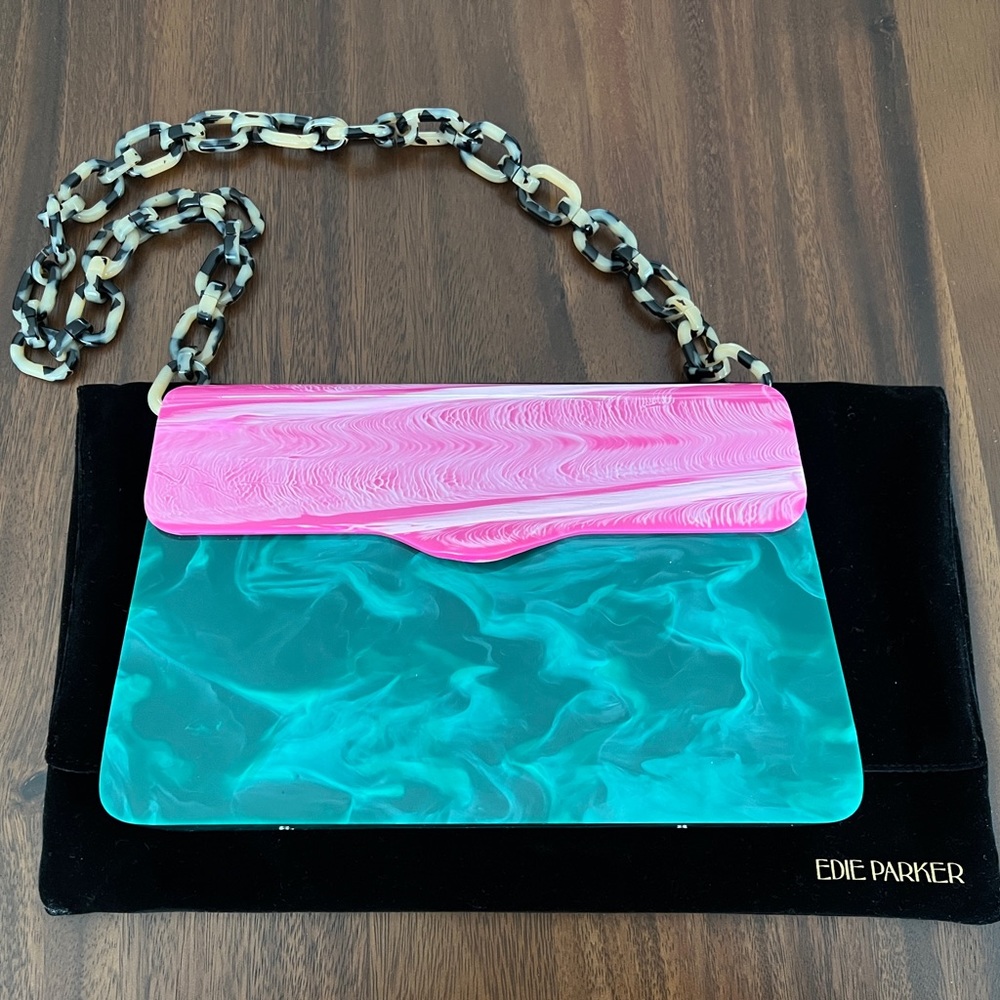 EDIE PARKER Malachite & Pink Acrylic Box Bag Tortoise Chain Hardbody Lady RARE - Picture 3 of 12